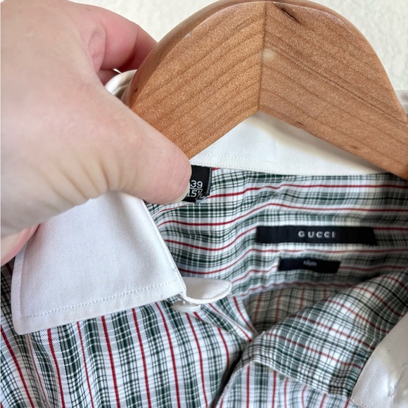 Vintage Slim Fit Gucci Green with Red Plaid White Collared Button Down size 39 - Picture 5 of 7